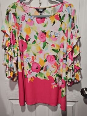 Investments Bright Floral Top with Pink Hem Panel